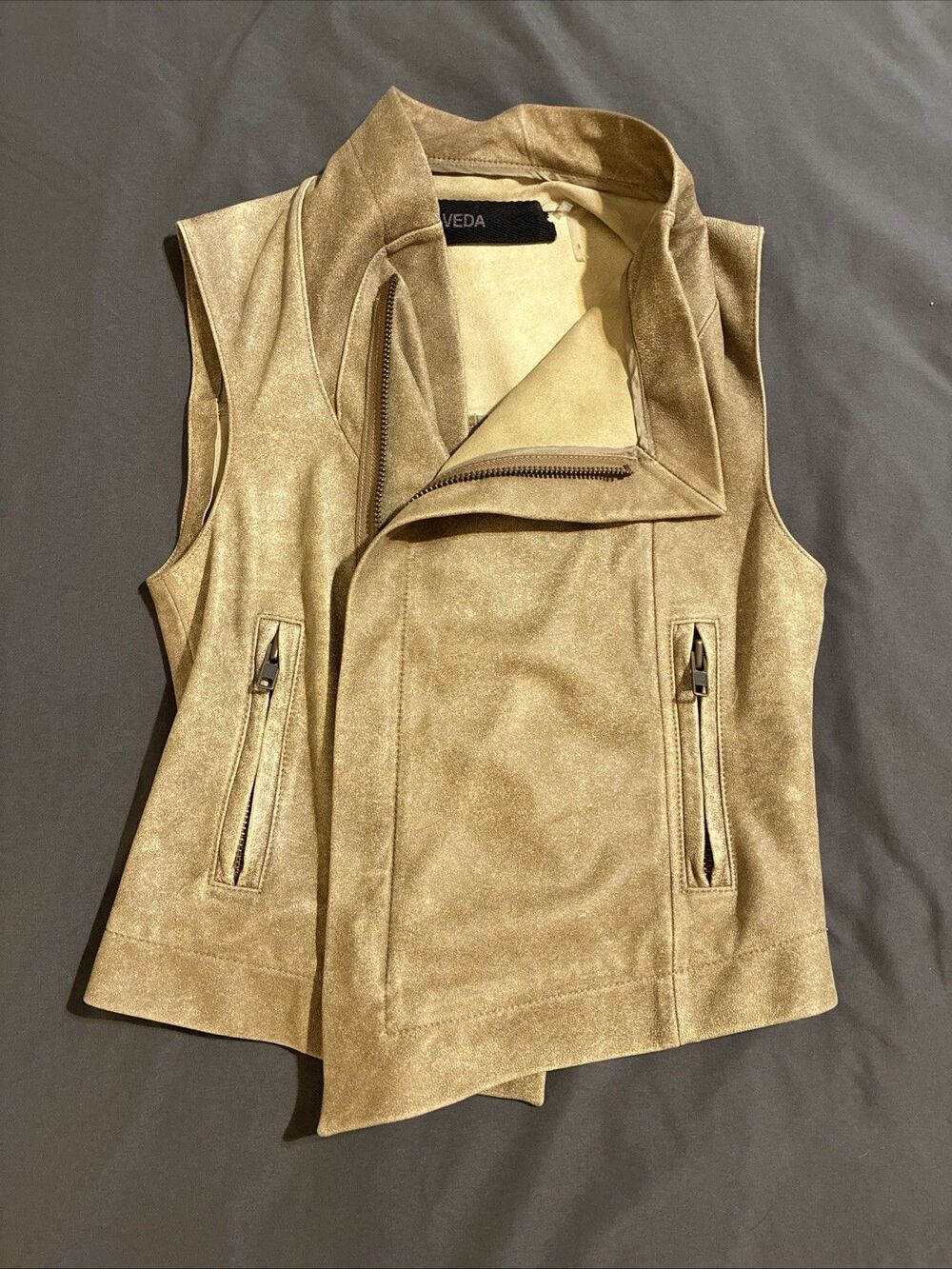Veda Genuine Leather Zip Up Vest with Pockets, Tan, Size Small